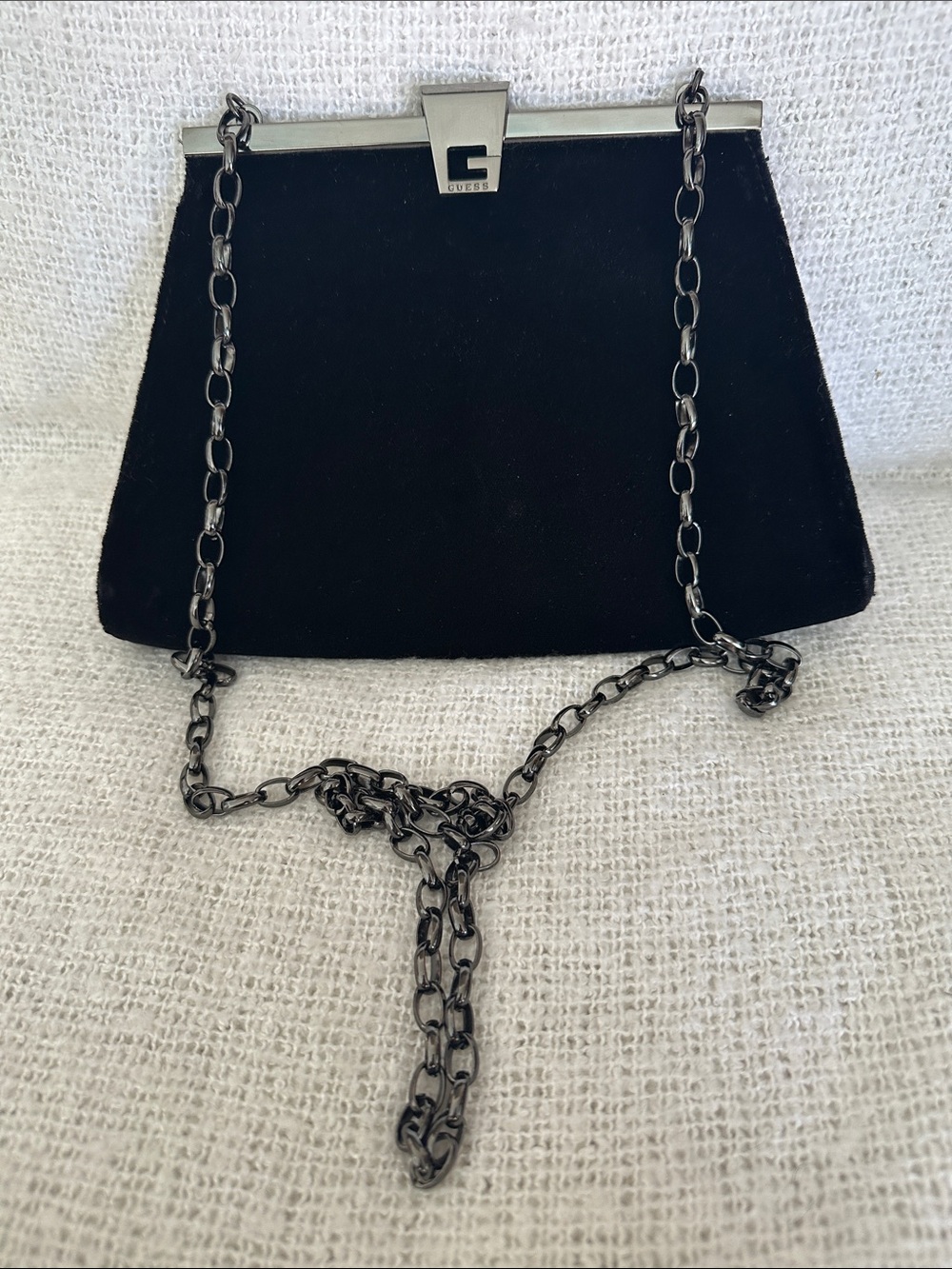 Guess Black Velvet Shoulder Clutch with Gunmetal Chain